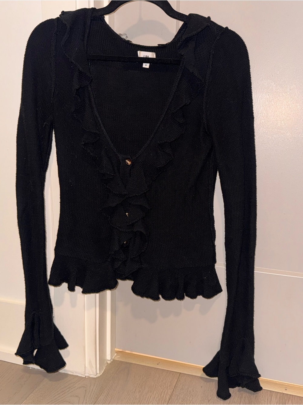 LPA Black Ruffle-Trim Knit Cardigan